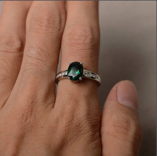 2.10 Ct Oval Cut Green Emerald 925 Sterling Silver Solitaire W/Accents Engagement Ring