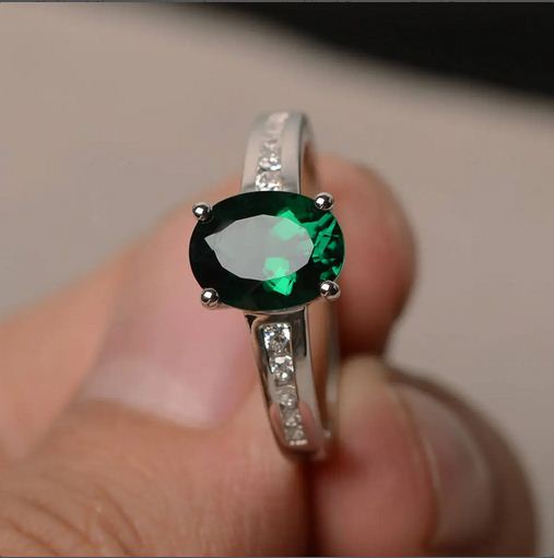 2.10 Ct Oval Cut Green Emerald 925 Sterling Silver Solitaire W/Accents Engagement Ring