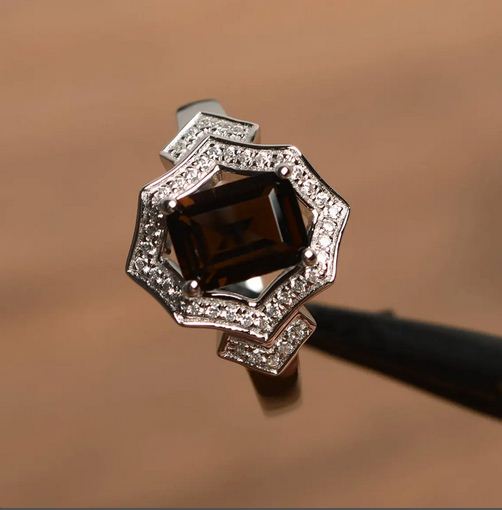 4.00 Ct Emerald Cut Smoky Quartz Halo Engagement Ring In 925 Sterling Silver