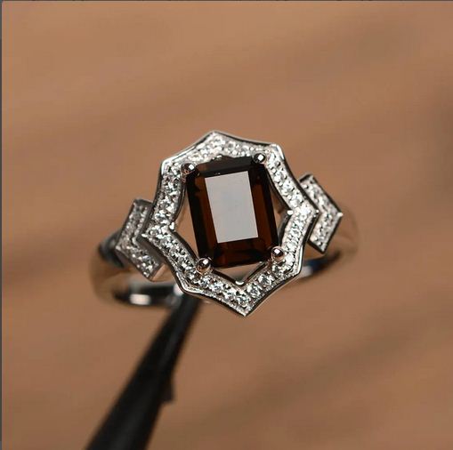 4.00 Ct Emerald Cut Smoky Quartz Halo Engagement Ring In 925