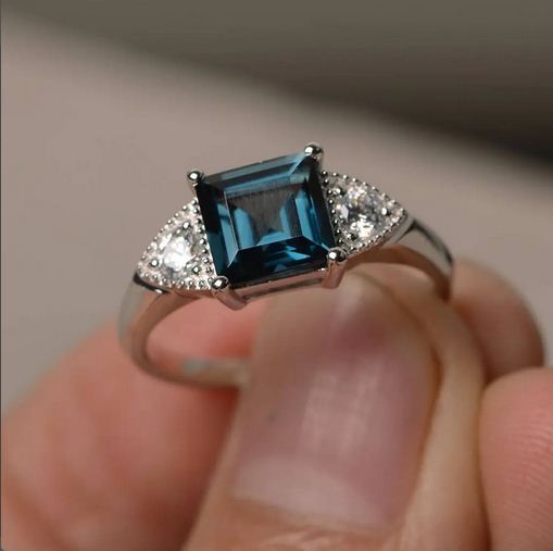 2.25 Ct Princess Cut London Blue Topaz 925 Sterling Silver Solitaire W/Accents Engagement Ring