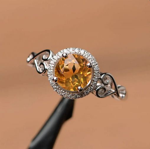 1.20 Ct Round Cut Yellow Citrine 925 sterling Silver Halo Anniversary Gift Ring