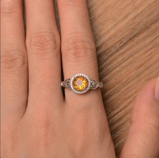 1.20 Ct Round Cut Yellow Citrine 925 sterling Silver Halo Anniversary Gift Ring