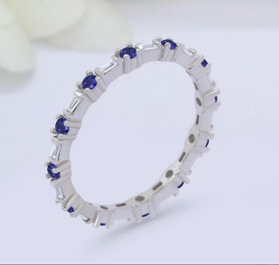 2.35 Ct Round Cut Blue Sapphire & White Baguette Full Eternity Promise Band Ring 925 Sterling Silver