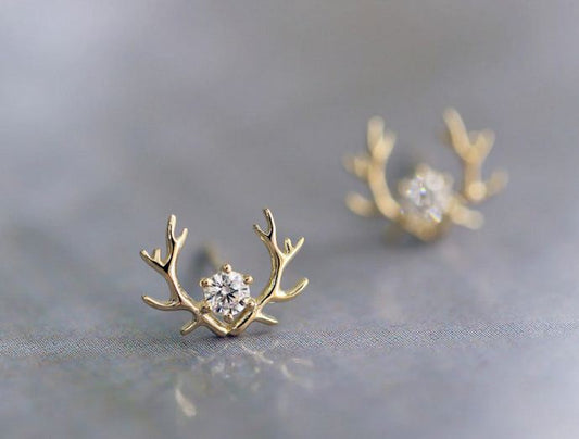 1.00 Ct Round Cut Diamond Yellow Gold Over On 925 Sterling Silver Antler Stud Earrings