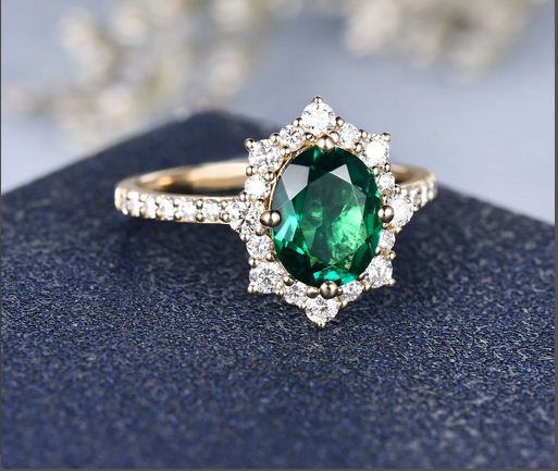 2.75 Ct Oval Cut Green Emerald Yellow Gold Over On 925 Sterling Silver Halo Engagement Ring