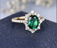 2.75 Ct Oval Cut Green Emerald Yellow Gold Over On 925 Sterling Silver Halo Engagement Ring