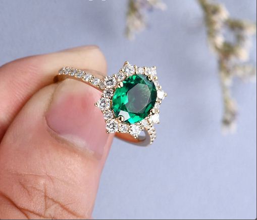 2.75 Ct Oval Cut Green Emerald Yellow Gold Over On 925 Sterling Silver Halo Engagement Ring