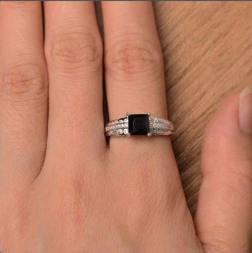 2.50 Ct Princess Cut Black Diamond 925 Sterling Silver Solitaire W/Accents Ring