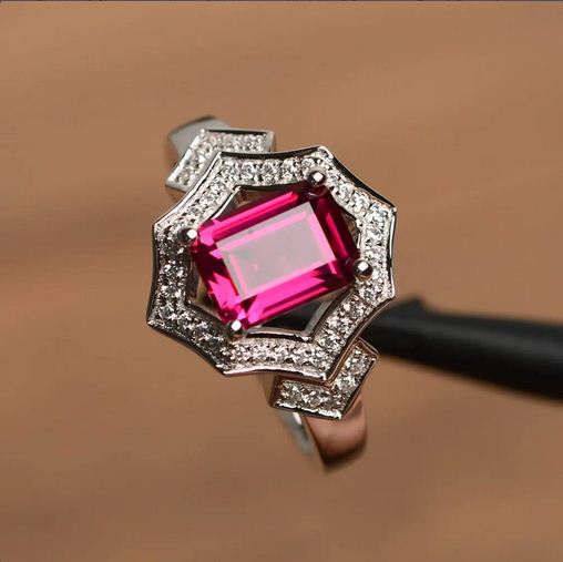 4.00 Ct Emerald Cut Pink Ruby 925 Sterling Silver Halo Engagement Wedding Ring