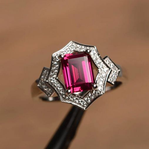 4.00 Ct Emerald Cut Pink Ruby 925 Sterling Silver Halo Engagement Wedding Ring