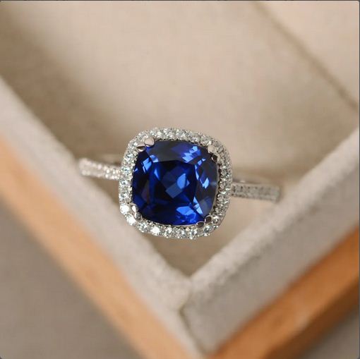 2.00 Ct Cushion Cut Blue Sapphire 925 Sterling Silver Halo Engagement Ring