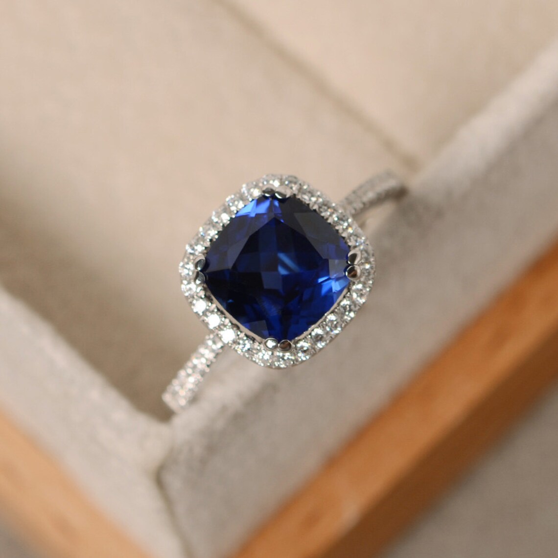 2.00 Ct Cushion Cut Blue Sapphire 925 Sterling Silver Halo Engagement Ring