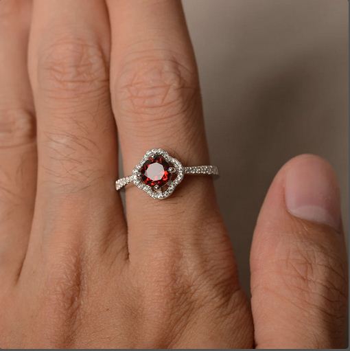 1.75 Ct Round Cut Red Garnet 925 Sterling Silver Halo Floral Promise Gift Ring