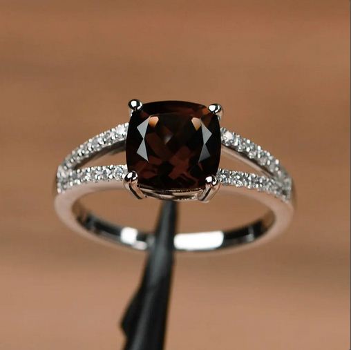 2.30 Ct Cushion Cut Smoky Quartz 925 Sterling Silver Split Shank Anniversary Ring