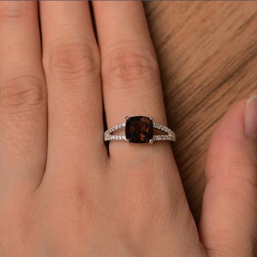 2.30 Ct Cushion Cut Smoky Quartz 925 Sterling Silver Split Shank Anniversary Ring