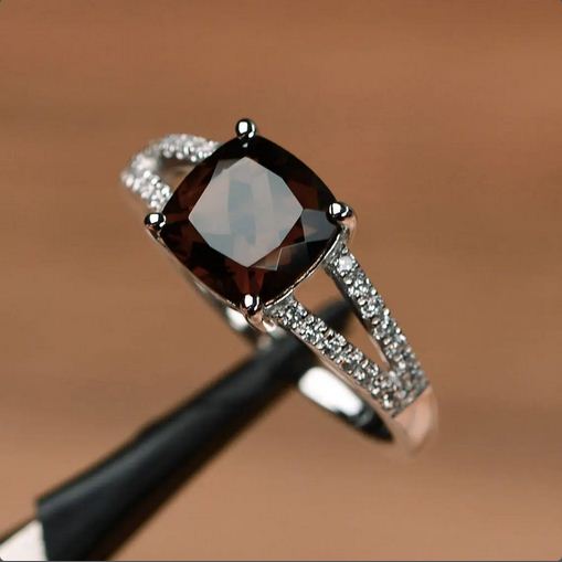 2.30 Ct Cushion Cut Smoky Quartz 925 Sterling Silver Split Shank Anniversary Ring
