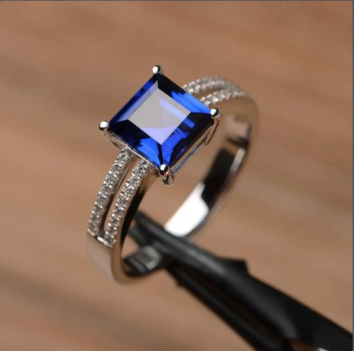 2.25 Ct Princess Cut Blue Sapphire 925 Sterling Silver Solitaire W/Accents Wedding Ring