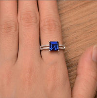 2.25 Ct Princess Cut Blue Sapphire 925 Sterling Silver Solitaire W/Accents Wedding Ring