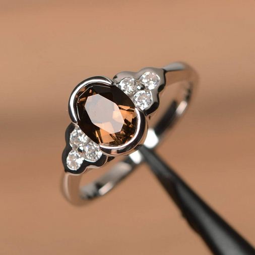 2.25 Ct Oval Cut Smoky Quartz & White CZ Solitaire W/Accents Ring In 925 Sterling Silver