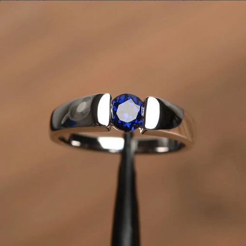 1.00 Ct Round Cut Blue Sapphire Solitaire Promise Ring In 925 Sterling Silver