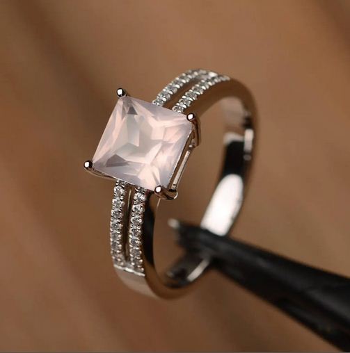 2.30 Ct Princess Cut Rose Quartz 925 Sterling Silver Split Shank Engagement Ring