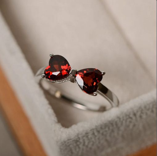 1.50 Ct Heart Cut Red Garnet 925 Sterling Silver Bow Style Promise Ring