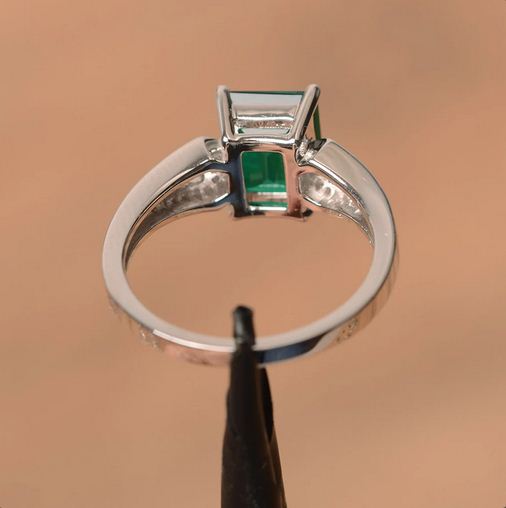 2.10 Ct Emerald Cut Green Emerald 925 Sterling Silver Solitaire W/Accents Ring