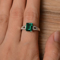 2.10 Ct Emerald Cut Green Emerald 925 Sterling Silver Solitaire W/Accents Ring