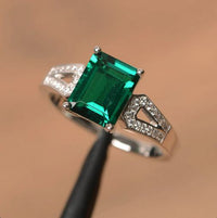 2.10 Ct Emerald Cut Green Emerald 925 Sterling Silver Solitaire W/Accents Ring