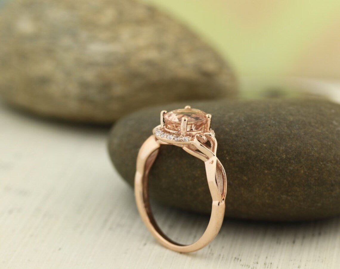 1 CT Oval Cut Peach Morganite Rose Gold Over On 925 Sterling Silver Halo Engagement Ring