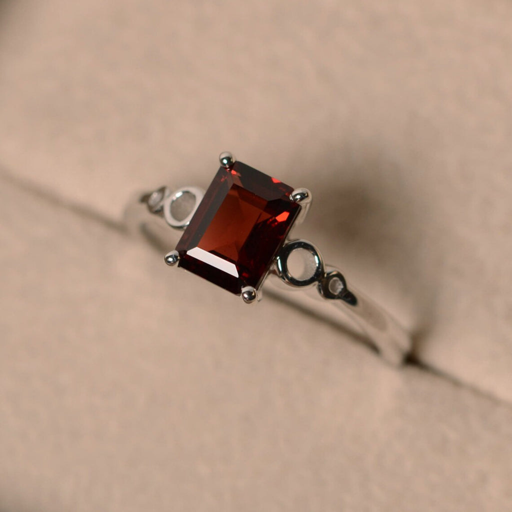 1.20 Ct Emerald Cut Red Garnet 925 Sterling Silver Solitaire January Birthstone Ring