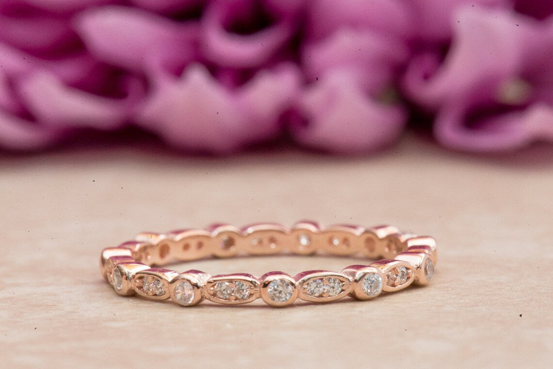 1.20 CT Round Cut White Diamond Rose Gold Over On 925 Sterling Silver Eternity Wedding Band Ring
