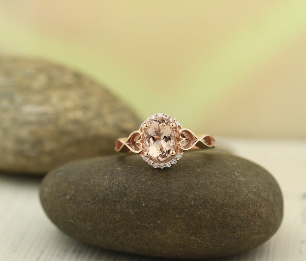1 CT Oval Cut Peach Morganite Rose Gold Over On 925 Sterling Silver Halo Engagement Ring