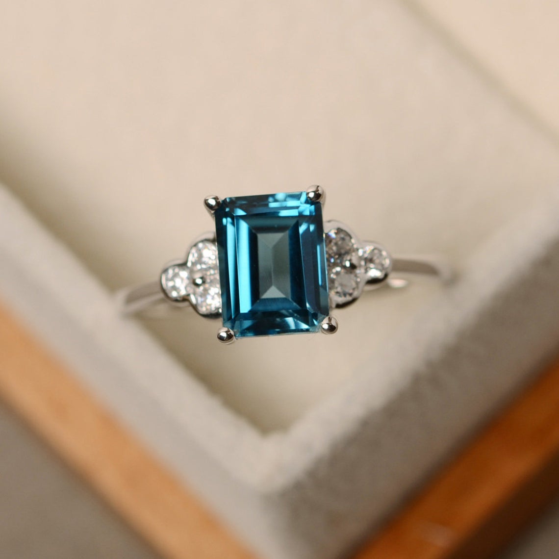 1 CT Emerald Cut London Blue Topaz White Gold Over On 925 Sterling Silver Solitaire W/Accents Ring