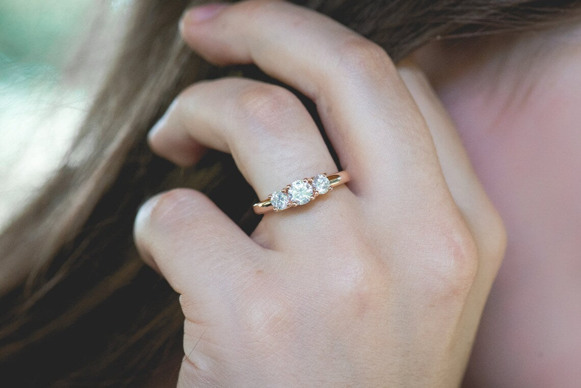 1 CT Round Cut White Diamond Rose Gold Over On 925 Sterling Silver Three Stone Engagement Ring