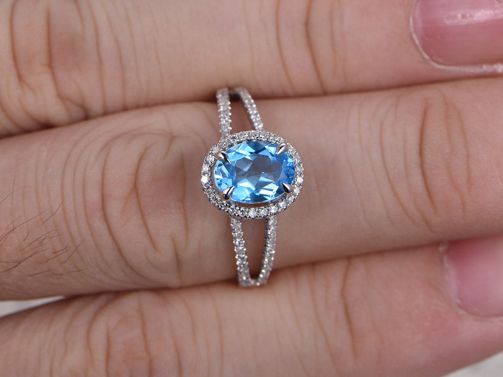 2 CT Oval Cut Blue Topaz Diamond 925 Sterling Silver Split Shank Band Engagement Ring