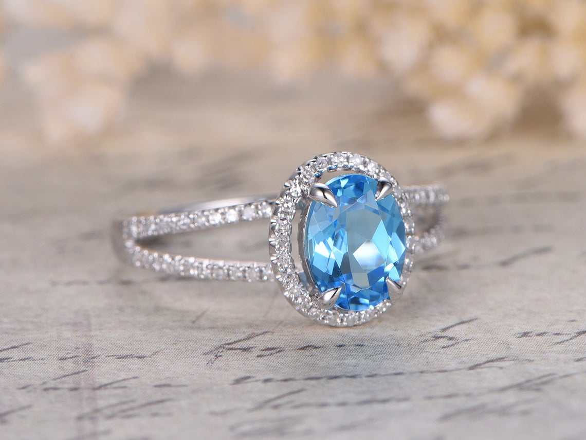 2 CT Oval Cut Blue Topaz Diamond 925 Sterling Silver Split Shank Band Engagement Ring