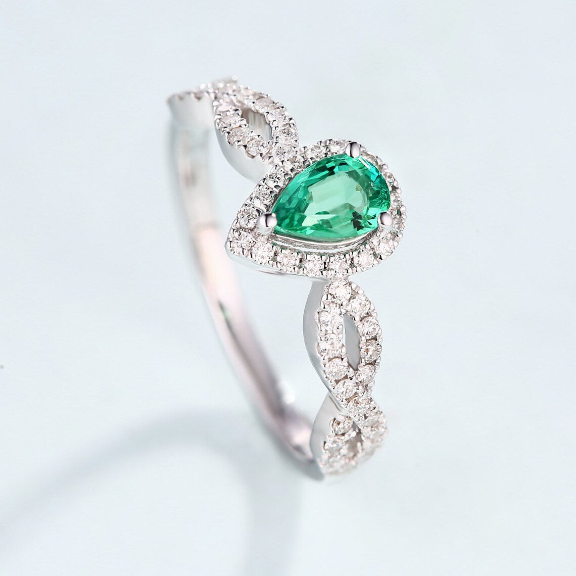 1 CT Pear Cut Emerald & CZ Diamond White Gold Over On 925 Sterling Silver Twisted Infinity Engagement Ring
