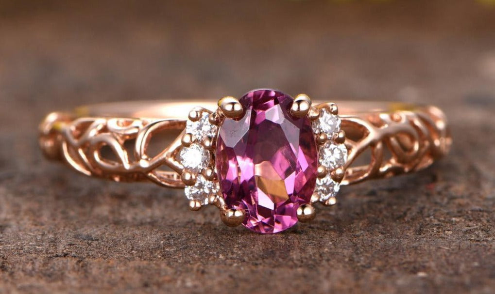 2 CT 925 Sterling Silver Oval Cut Pink Sapphire Diamond Anniversary Band Ring