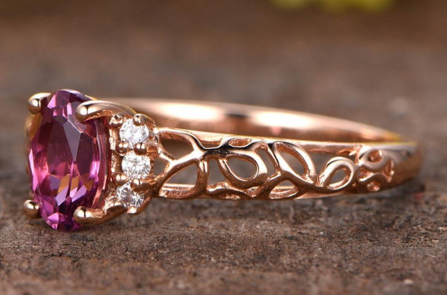 2 CT 925 Sterling Silver Oval Cut Pink Sapphire Diamond Anniversary Band Ring