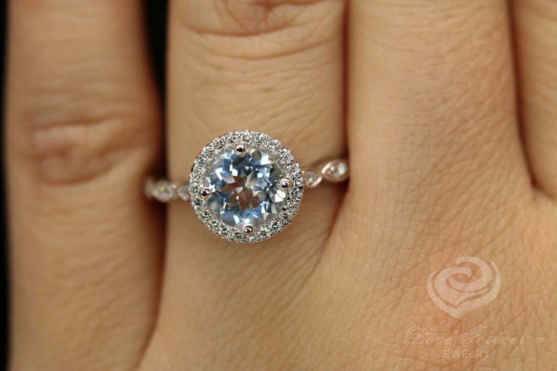 1 CT Round Cut Aquamarine Diamond 925 Sterling Silver Halo Promise Ring