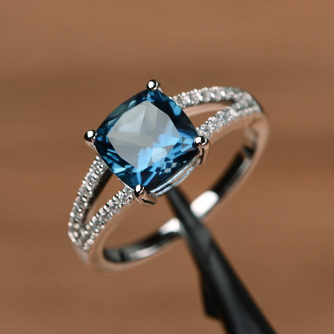 Cushion Cut London Blue Topaz Ring with Fancy Gallery and Diamond Halo in  18k white gold (GR-6112)