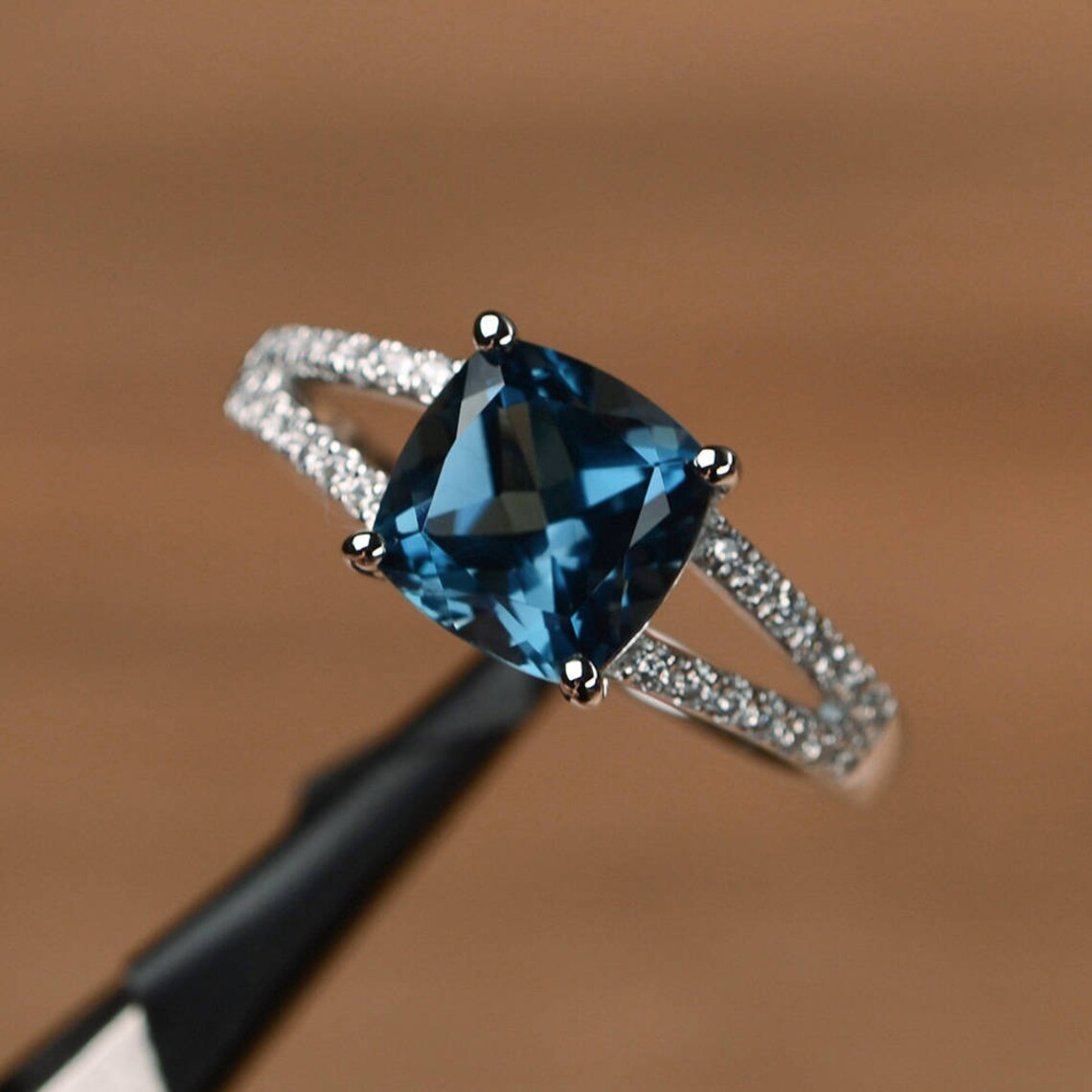 1 CT Cushion Cut London Blue Topaz Diamond White Gold Over On Rose Gold Over On Split Shank Solitaire Ring