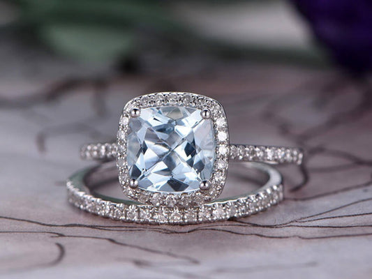 1 CT Cushion Cut Aquamarine White Gold Over On 925 Sterling Silver Engagement Ring Set - atjewels.in