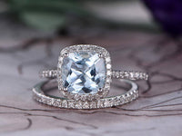 1 CT Cushion Cut Aquamarine White Gold Over On 925 Sterling Silver Engagement Ring Set