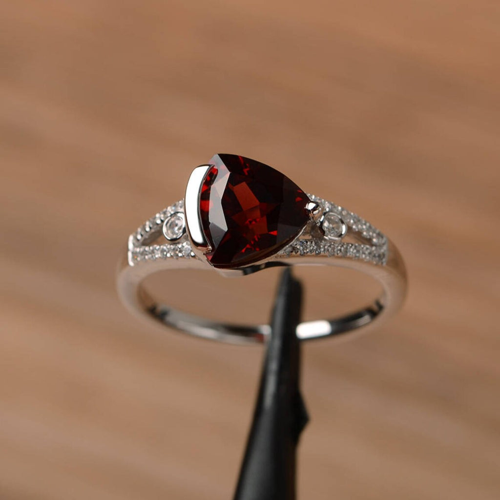 1.50 Ct Trillion Cut Red Garnet 925 Sterling Silver Solitaire W/Accents Ring