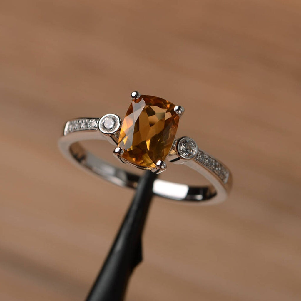 2.25 Ct Cushion Cut Yellow Citrine 925 Sterling Silver Solitaire W/Accents Anniversary Ring