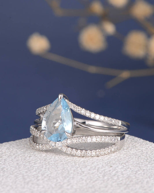 1 CT Pear Cut Aquamarine White Gold Over On 925 Sterling Silver Cross Infinity Engagement Ring Set