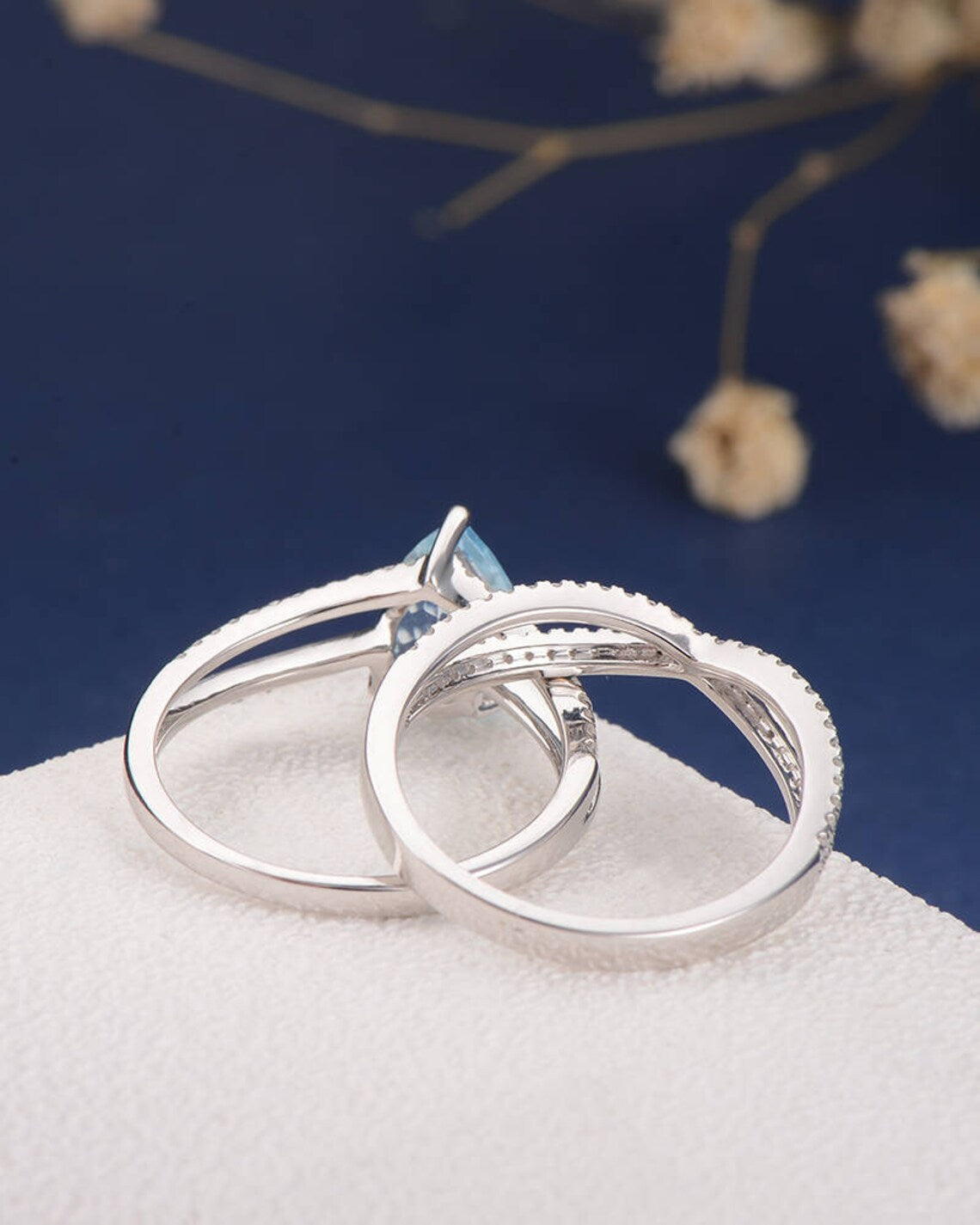 1 CT Pear Cut Aquamarine White Gold Over On 925 Sterling Silver Cross Infinity Engagement Ring Set